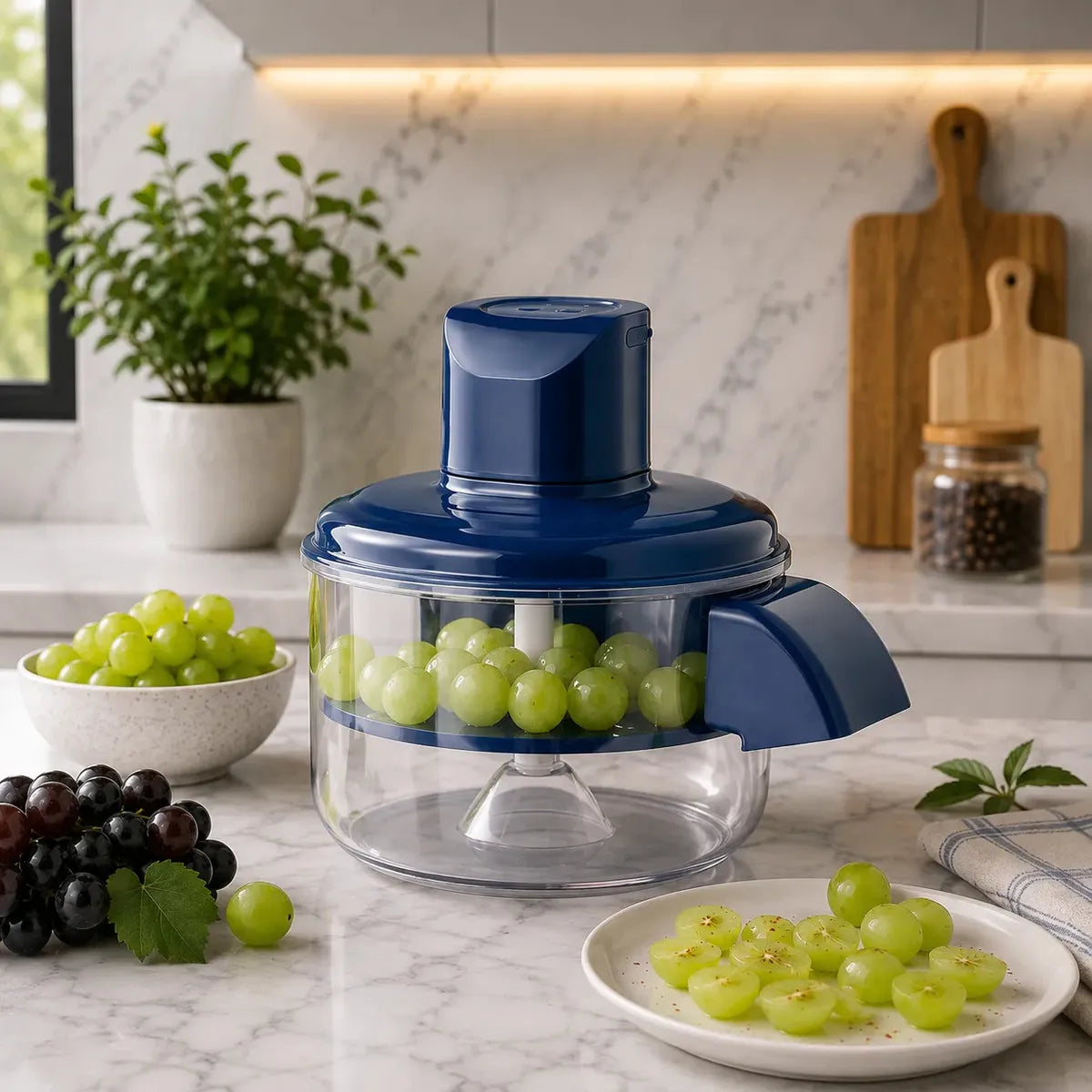 Pelador eléctrico sobre la mesa de cocina junto a fruta ya pelada